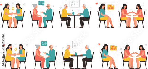 Elderly care and nursing support vector illustration set showing caregivers, doctors, patients, and compassionate healthcare assistance