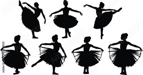 Silhouette ballet dancers performing elegant poses, classical ballerina dance movements, graceful women in tutu skirts, artistic dance performance illustration