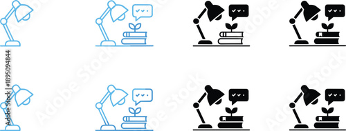 Artificial intelligence robot assistant desk icon set with communication learning and automation symbols in line style