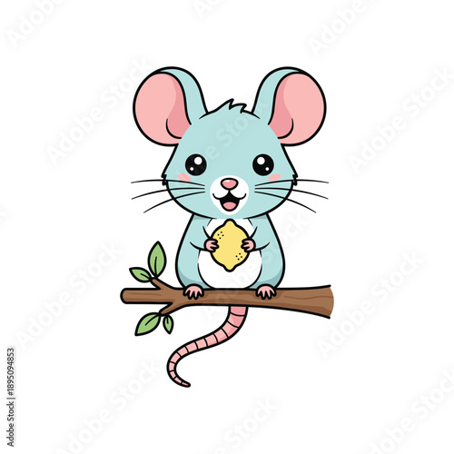 Adorable Cartoon Mouse Eating Cheese on Tree Branch, Whimsical Illustration