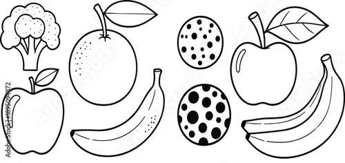 Hand drawn fruit and vegetable doodle icons set with apple, banana, broccoli, orange, and kiwi outline vector illustration