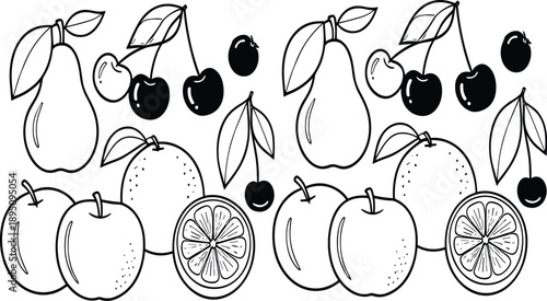 Hand drawn fruit doodle icons pattern with pear, apple, orange, and cherries in black outline vector illustration set