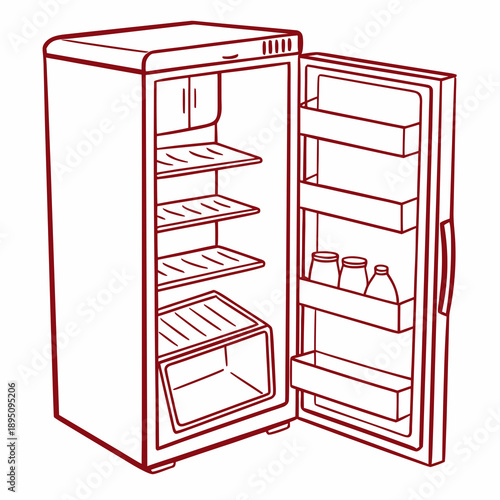 Open refrigerator with shelves and bottles