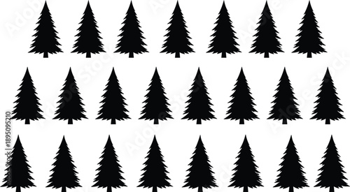 Grid of 24 pine tree silhouettes with one highlighted unique tree, minimalist black design, nature pattern concept, visual difference, forest illustration for creative projects