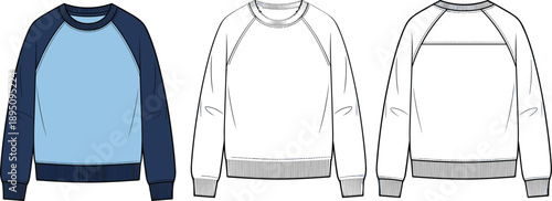 Technical fashion illustration of raglan‑sleeve sweatshirt with colored front view, seam details, back yoke, cuffs, garment construction sketch for apparel design and clothing projects
