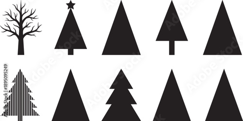 Set of ten black tree silhouettes including deciduous and coniferous designs, holiday themed pine variations, minimalist forest illustration, seasonal nature concept for creative projects