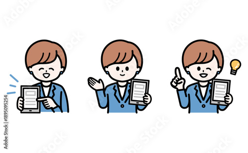 DX推進とIT活用を説明する女性スタッフの3ポーズセット。銀行や法人向けビジネス提案資料のイラスト素材。