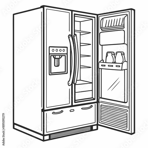 Open double door refrigerator with milk bottles