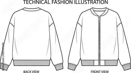 Technical fashion sketch of long‑sleeve jacket sweatshirt with front zipper, ribbed cuffs and hem, round neckline, garment construction illustration for apparel design and clothing projects