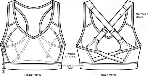 Technical fashion sketch of sports bra with flatlock stitching, elastic band, adjustable straps, crisscross back design, garment construction illustration for athletic apparel and sportswear projects