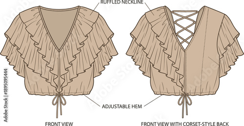 Technical fashion sketch of women’s blouse with ruffled neckline, adjustable hem tie, corset‑style lace‑up back, garment construction illustration for apparel design and clothing projects