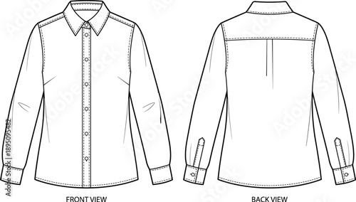 Technical flat sketch of long‑sleeve button‑up shirt with pointed collar, button placket, darts, yoke, pleat, cuffs, garment construction illustration for apparel design projects