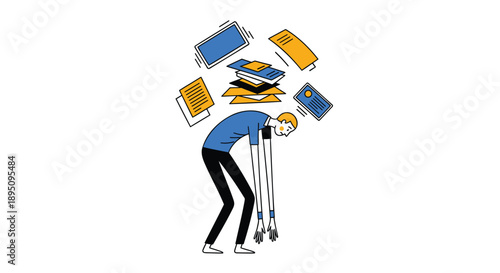 Overwhelmed man with crutches surrounded by floating books and documents