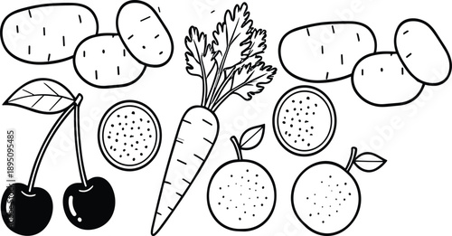 Hand drawn fruits and vegetables doodle set with cherries, carrot, potatoes, and citrus icons in black outline style