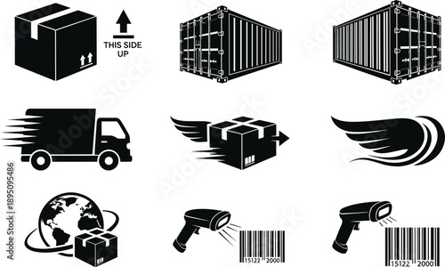 Shipping icons, logistics symbols, delivery vector set, barcode scanner, international package, fast transport, cargo container, global freight, black white illustration