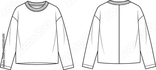 Technical flat sketch of long‑sleeve crewneck sweatshirt with ribbed neckline, dropped shoulders, straight hem, center back seam, garment construction illustration for apparel design projects