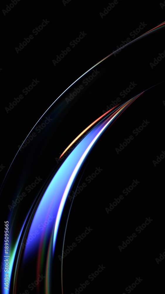 Fototapeta premium Abstract minimalist glass line on a black background with color refraction effect, vertical 3d render