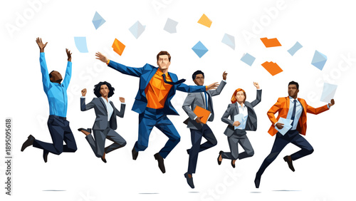 Dynamic business team celebrating success in geometric style