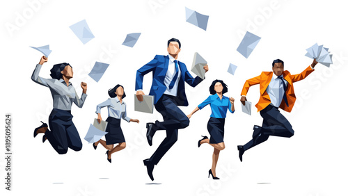 Dynamic polygonal office team celebrating success on white background