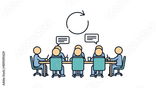 Team collaboration meeting scene with colorful office chairs and animated discussion icons