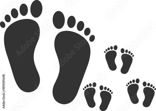 Human and baby footprints silhouette set, family steps black vector illustration isolated on white background