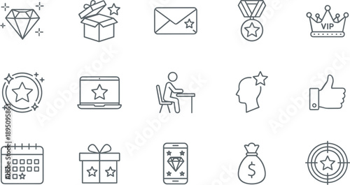 Rewards loyalty and achievement line icon set with prizes ratings VIP success recognition and bonus symbols