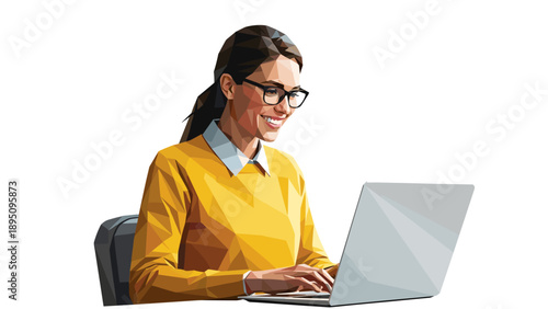 Polygonal art of smiling woman in yellow sweater using laptop on white background