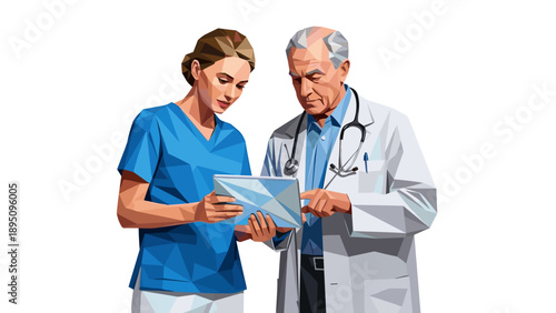 Low poly art: medical professionals collaborating with digital tablet