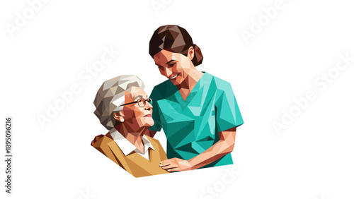Geometric art of caring nurse and elderly woman interaction in healthcare setting