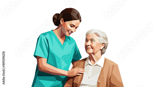 Low poly art of caregiver supporting elderly woman in uniform