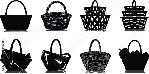 Set of wicker basket silhouettes with handle, woven design, picnic and fruit basket collection, isolated black vector illustration, shadow reflection