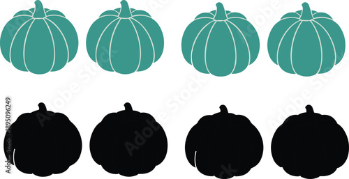 Pumpkin icons set vector illustration with green and black squash shapes in flat minimal style isolated on white