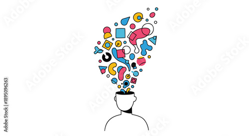 Person with creative thoughts and colorful shapes coming out of head