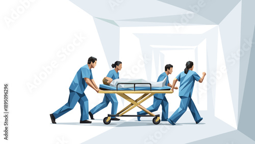 Emergency medical team in action: healthcare professionals with stretcher in dynamic hospital setting