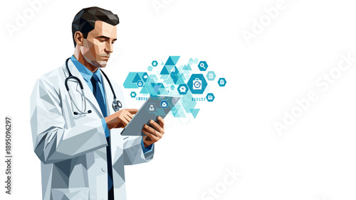 Low polygon doctor using tablet with medical technology icons