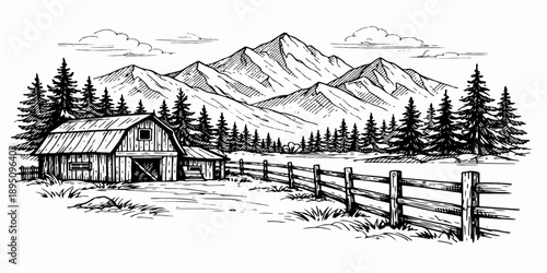 Cozy rural mountain house nestled in a snowy pine forest landscape under a blue winter sky with frost and frozen fir trees