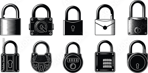Set of vintage padlock icons, secure metal locks, black and white vector design, privacy protection, safety security concept illustration