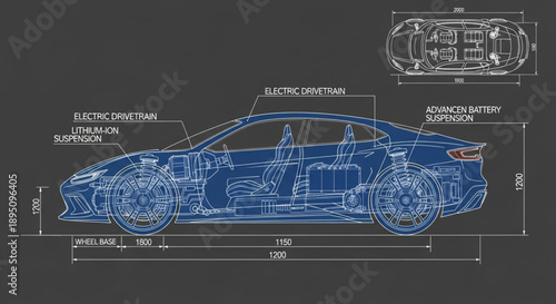 Blueprint of a modern electric car showing internal components and dimensions.