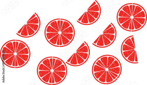 Red grapefruit slices pattern in flat vector style, citrus fruit illustration set isolated on white background for packaging design