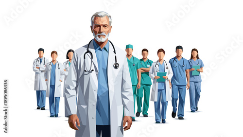 Diverse medical team in low poly style on white background