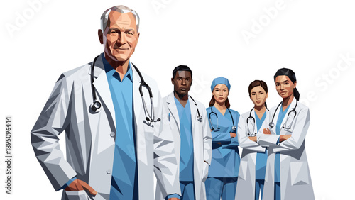 Team of diverse medical professionals in geometric style on white background