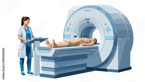 Low poly medical imaging: simulated patient undergoing mri scan with doctor
