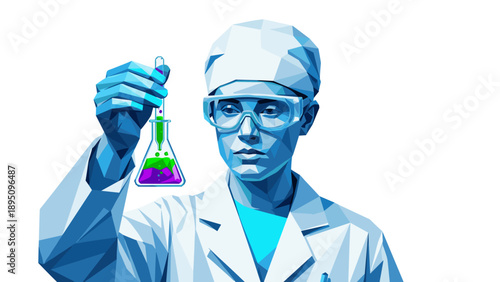 Abstract geometric scientist analyzing colorful chemical in beaker