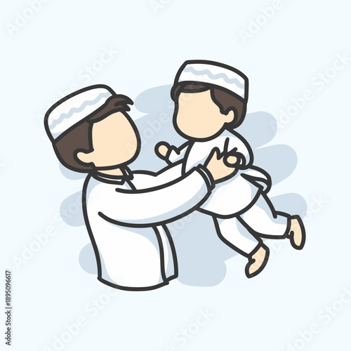 Father Holding Son in Islamic illustration for icon sticker and other uses hand drawn vector style.
