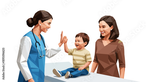 Low poly design of doctor greeting happy child and parent in clinic