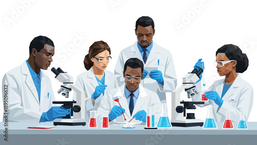 Diverse team of scientists conducting experiments in a laboratory setting