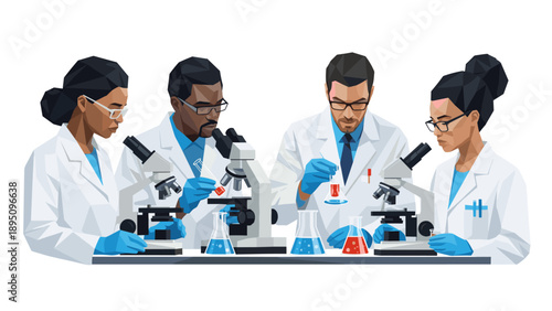 Diverse scientists analyzing samples in low poly art style