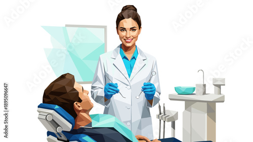 Cheerful dentist in modern clinic attending patient in low poly art style