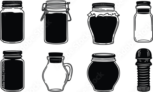 Set of vintage glass jars vector illustration, kitchen storage containers, bottle silhouette collection, retro jam honey and condiment jars design