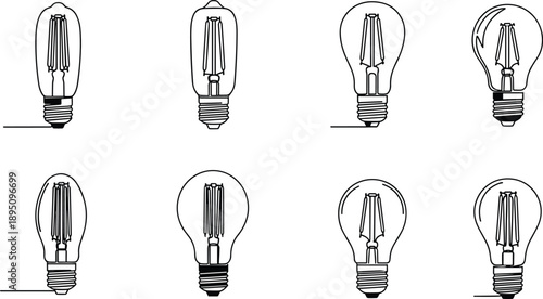 Set of vintage filament light bulbs, minimalist line art design, electricity concept, glowing idea symbol, vector illustration for decoration, innovation